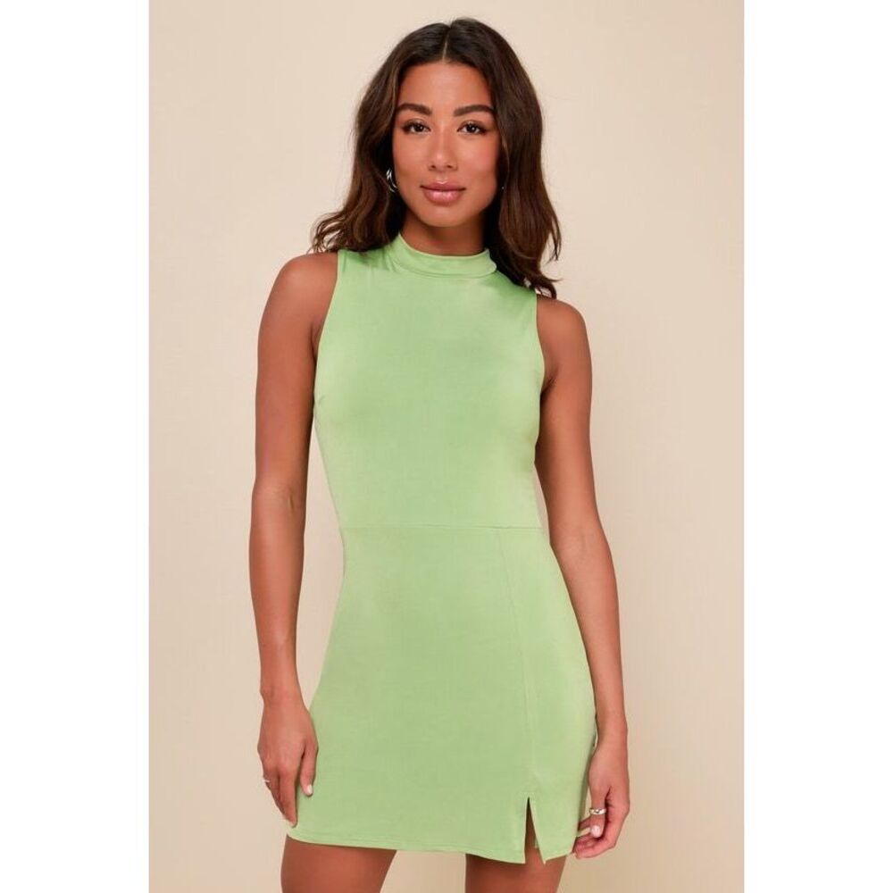 Lulus Charming Magnetism Lime Green Slinky Knit Mock Neck Mini Dress - Size M
